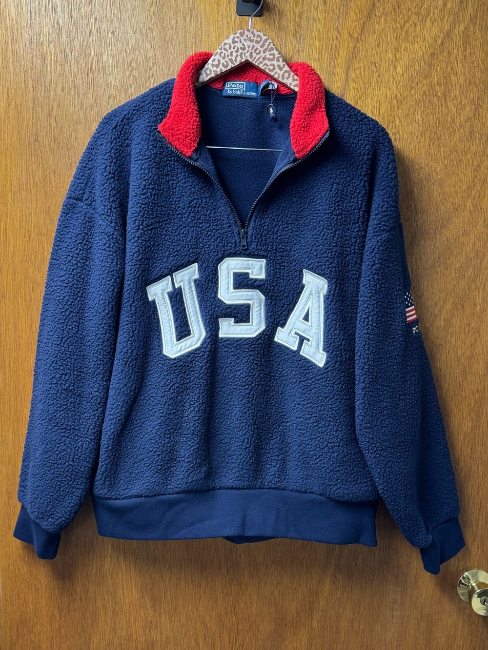 Polo Ralph Lauren Relaxed Fit Flag Fleece Pullover 1/4 Zip USA Blue Large Unisex - Picture 16 of 16